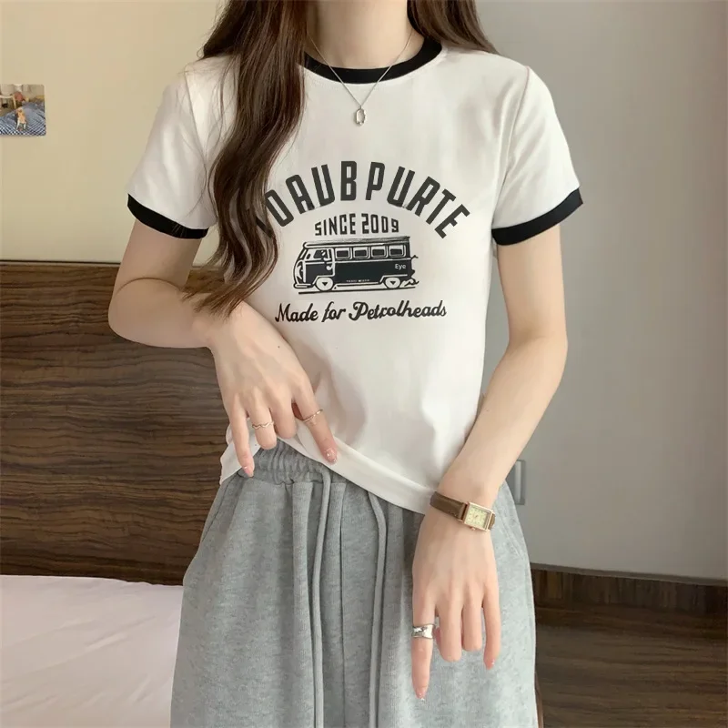 2024 Summer New Women's T-shirt Sweet Spicy Color Blocking Round Neck Cropped Top Slimming Students Short Sleeves T-shirt