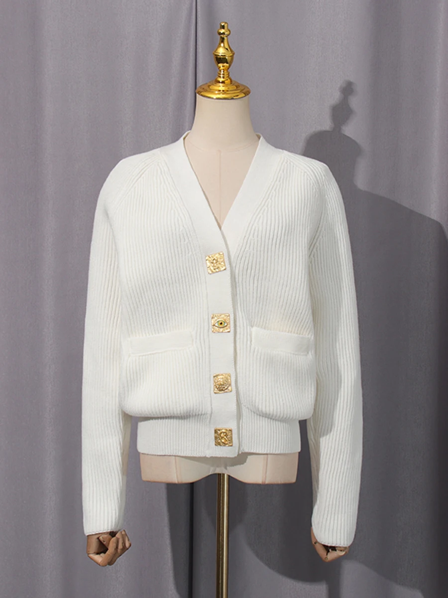 VGH Casual Nozioni di base Tasche impiombate Maglione sottile per le donne Scollo a V Maniche lunghe Patchwork Bottoni in metallo Cardigan Donna Autunno Nuovo