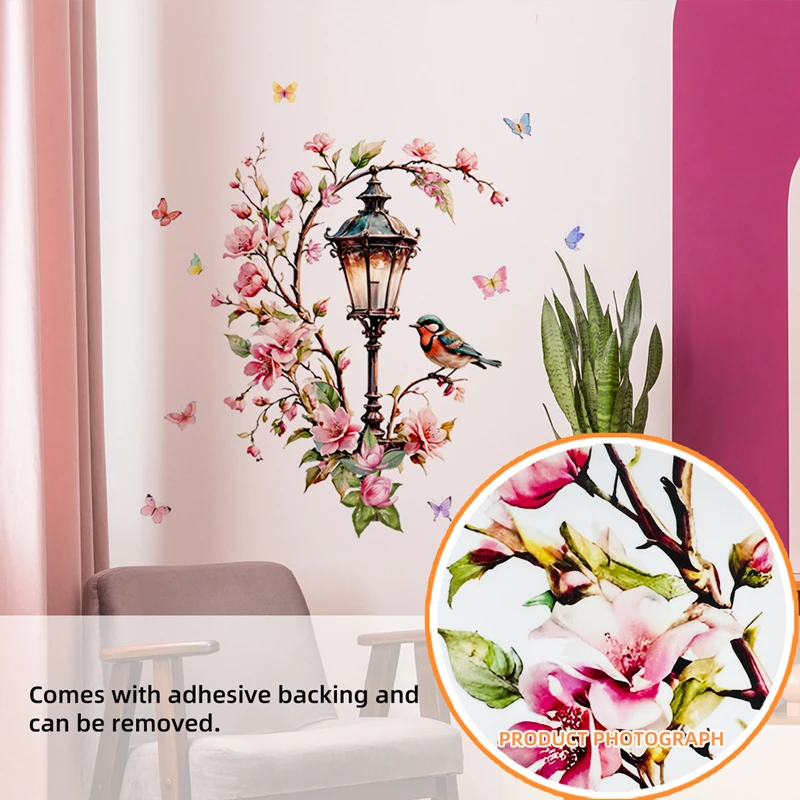 Creative Walls Art Green Plant Flower Branch Streetlight Bird Butterfly Vinyl Stickers Home Decoration for Living Room Bedroom view 4