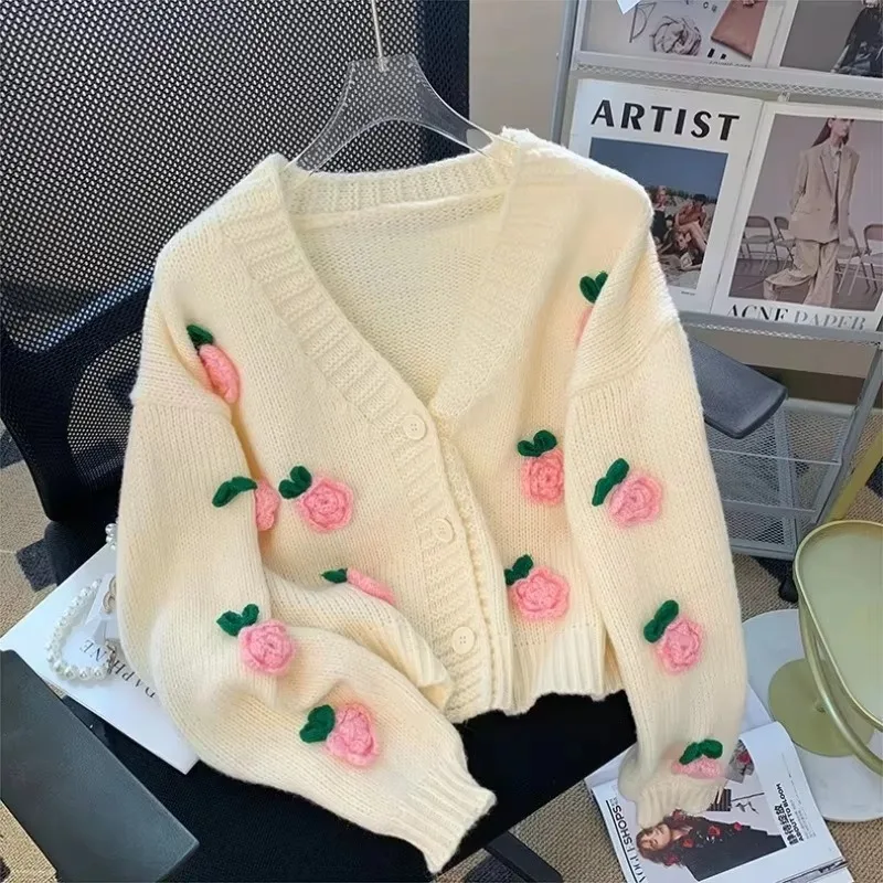 

Romantic 3D Flower Knitted Cardigan Women Jacket V Neck Long Sleeve Autumn Winter New Korean Vfashion Retro Outwear Sweater Coat