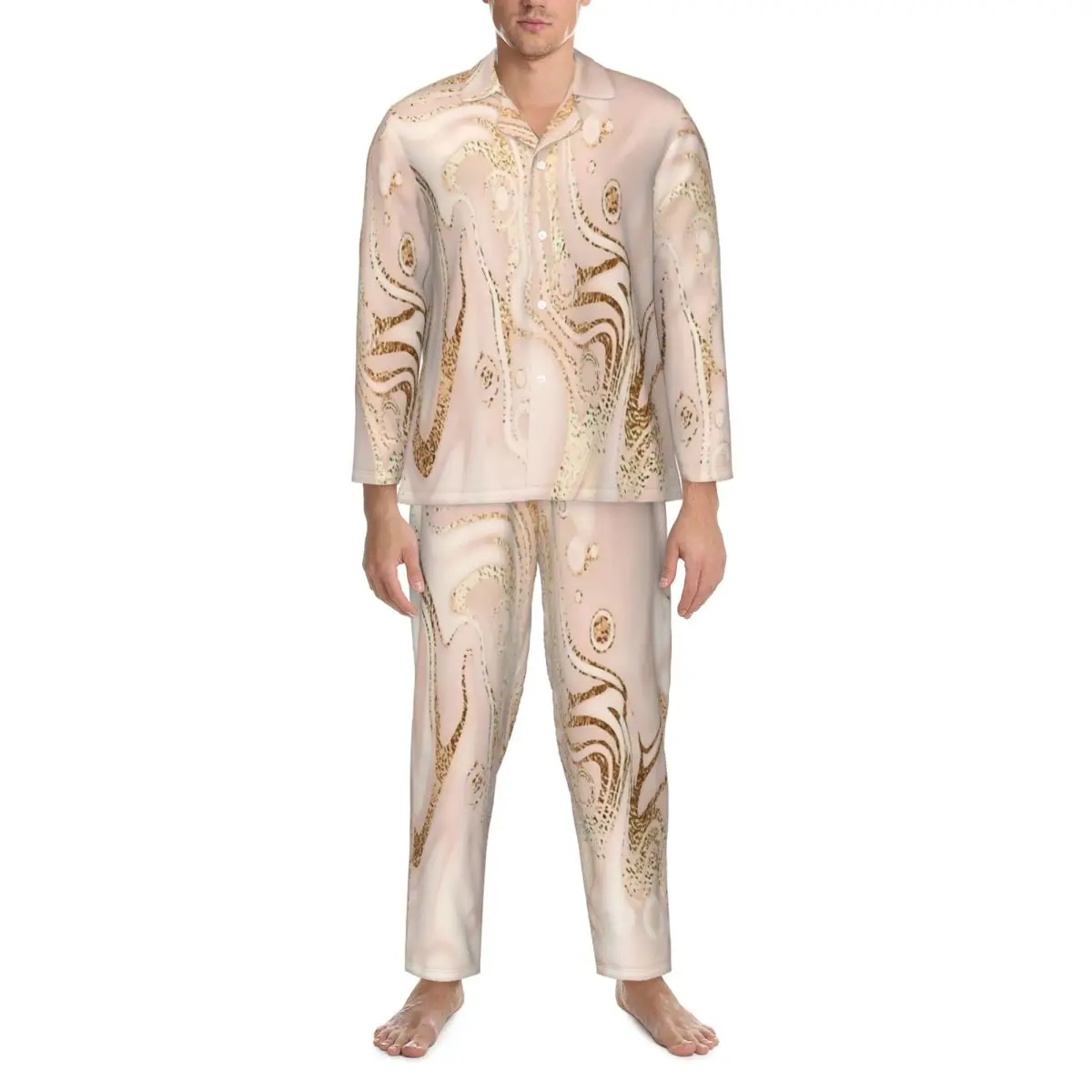 Rose Gold Marble Print Sleepwear Spring Casual Oversized Pajama Sets Men Long Sleeve Cute Soft Daily Design Home Suit