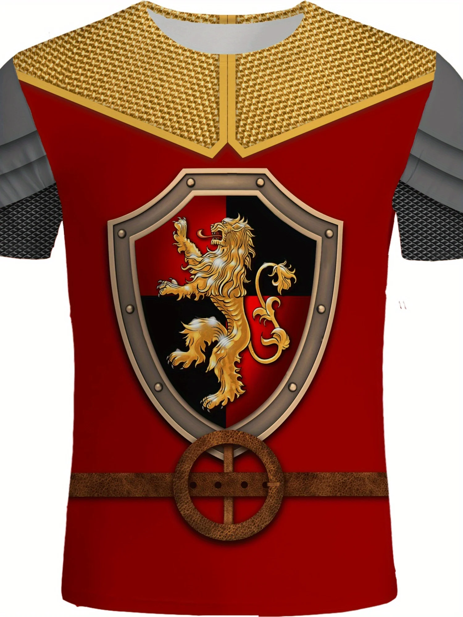 Men'S Vibrant European Knight Armor 3D Print T-Shirt - Lion Shield Design, Casual Sports Round Neck, Loose Fit, Polyester
