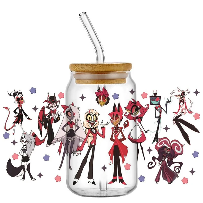 جديد فندق Hazbin نمط Uv Dtf كأس التفاف نقل ملصقات ثلاثية الأبعاد تسميات شعار ل 16 أوقية بهلوان الزجاج يمكن ذاتية اللصق مقاوم للماء