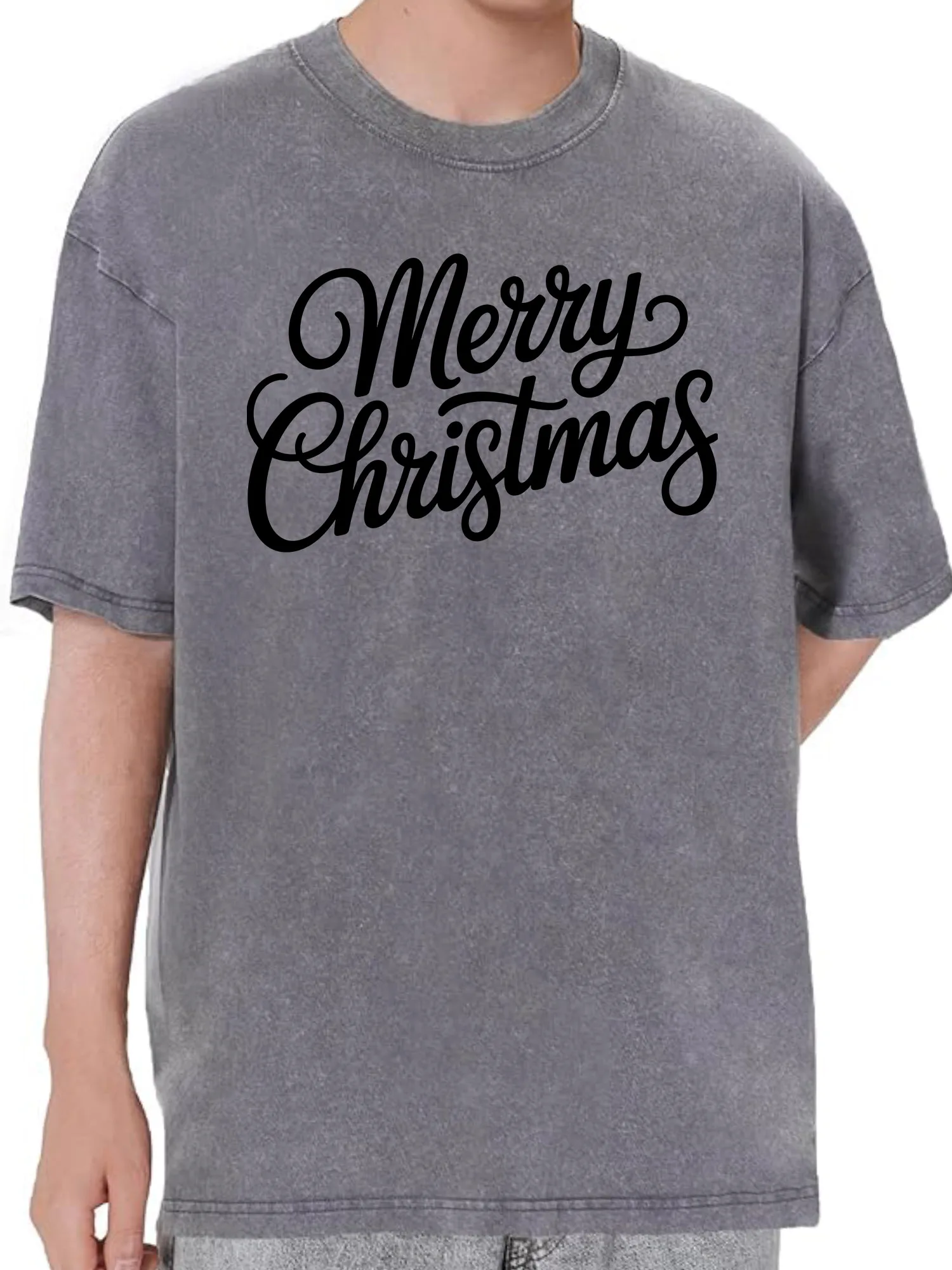 تي شيرت Fun Christmas 230 جرام من القطن الثقيل المغسول كبير الحجم للرجال برسومات مضحكة تي شيرت كاجوال كلاسيكي