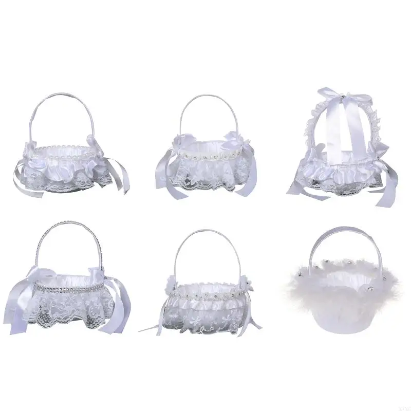 X7XC Wedding Flower Girl Baskets Lace Flower Basket with Faux Flowers Bow Pearl