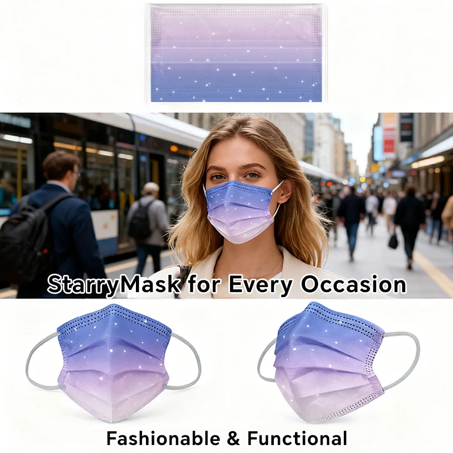قناع وجه أنيق يمكن التخلص منه للبالغين حالمة مرصعة بالنجوم مزرق البنفسجي قناع الموضة تنفس 3-Layer غير المنسوجة عطلة #3