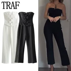 TRAF Off Shoulder Black Jumpsuit Women Bow Strapless White Long Jumpsuits For Women Sleeveless Elegant Party Woman Jumpsuit