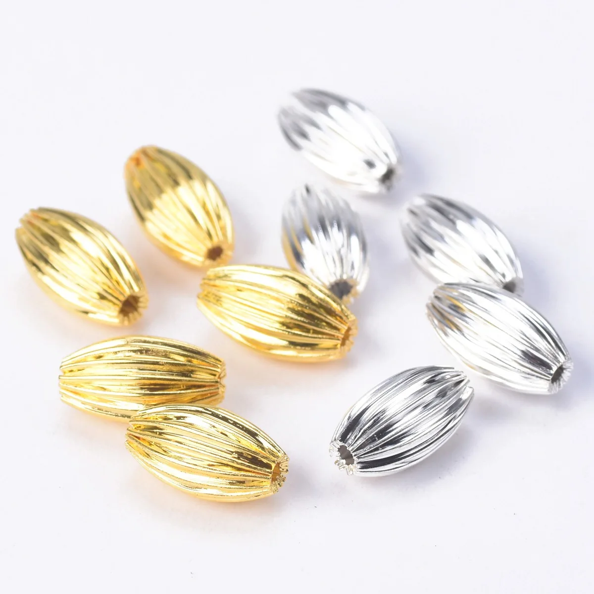 50pcs Plated Gold Color Silver Color Oval 5x8mm 6x10mm 7x12mm Hollow Plicated Metal Brass Loose Beads For Jewelry Making DIY