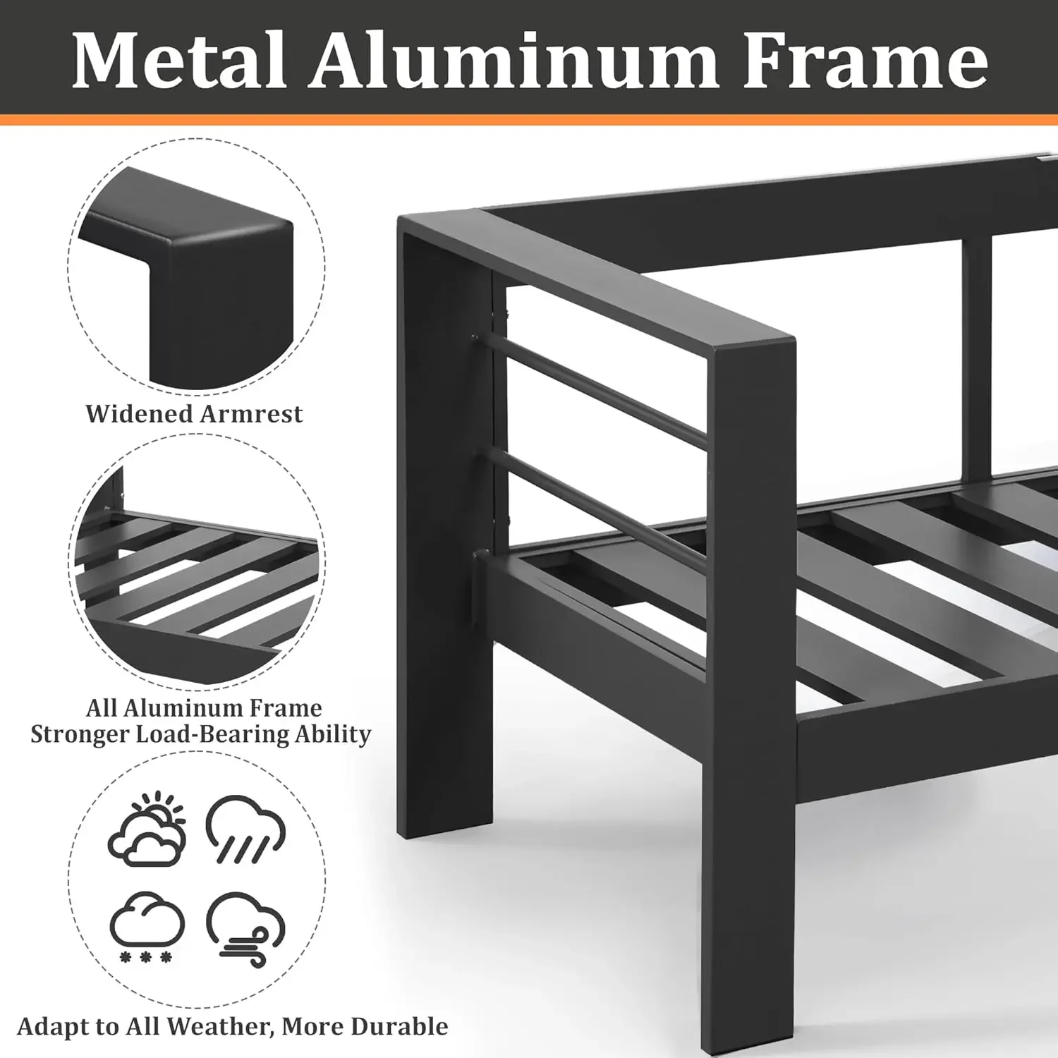 Tempat duduk luar ruangan, Sofa furnitur teras aluminium logam semua cuaca dengan bantalan lembut, tempat duduk dalam untuk balkon, teras, halaman belakang