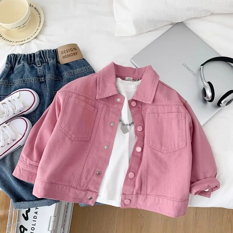 Boys Girls Denim cotton Jackets Pink Laple Tops Spring Autumn 2026 New Fashion Sweet Cute Coat Jacket Baby Girl Clothes 2-10Yrs