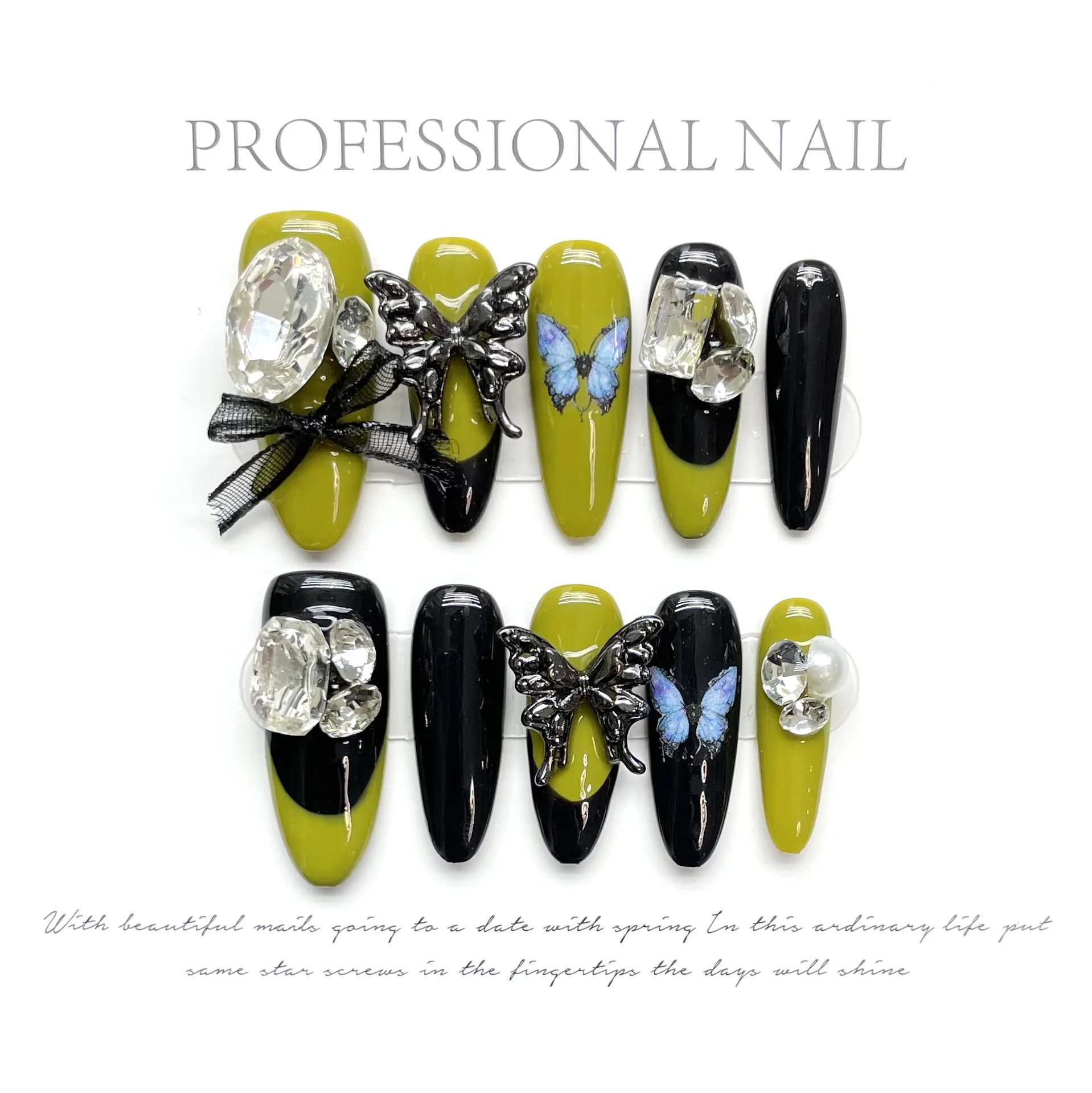 

10 PCS Luxury Handmade Press on Nails Long Oval Butterfly Flying Design with 3-PIECE Tool Adhesive Nail Glue Tabs
