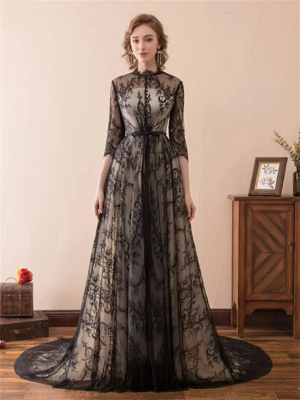 Vintage lace long train evening gown with 3/4 sleeves, delicate floral embroidery. Custom size available. Perfect for wedding, f