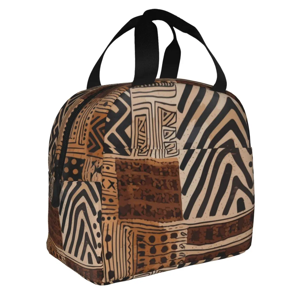 African Mud Cloth Insulated Lunch Tote Bag for Women Tribal Ethnic Bohemian Motif Resuable Cooler Thermal Bento Box Travel