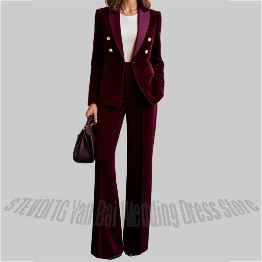 

Elegant Chic Women Two Pieces Set Peak Lapel Slim Velvet Four Season Modern Fashion Female Suit Jacket Pants Banquet Set
