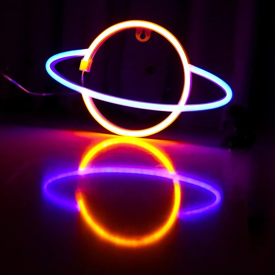 LED Neon Night Light Planet Shape Wall Night Lamp Xmas Birthday Gift Party Wall Hanging Neon Lamp Home Decor Ambient Lights