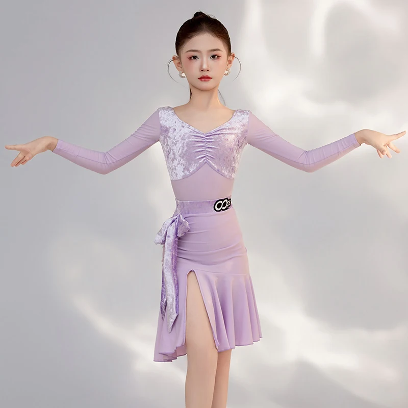 

Children 2025 Latin Dance Costumes For Girls Purple Long Sleeved Split Skirt Suit Samba Chacha Tango Kids Latin Clothes XH3389