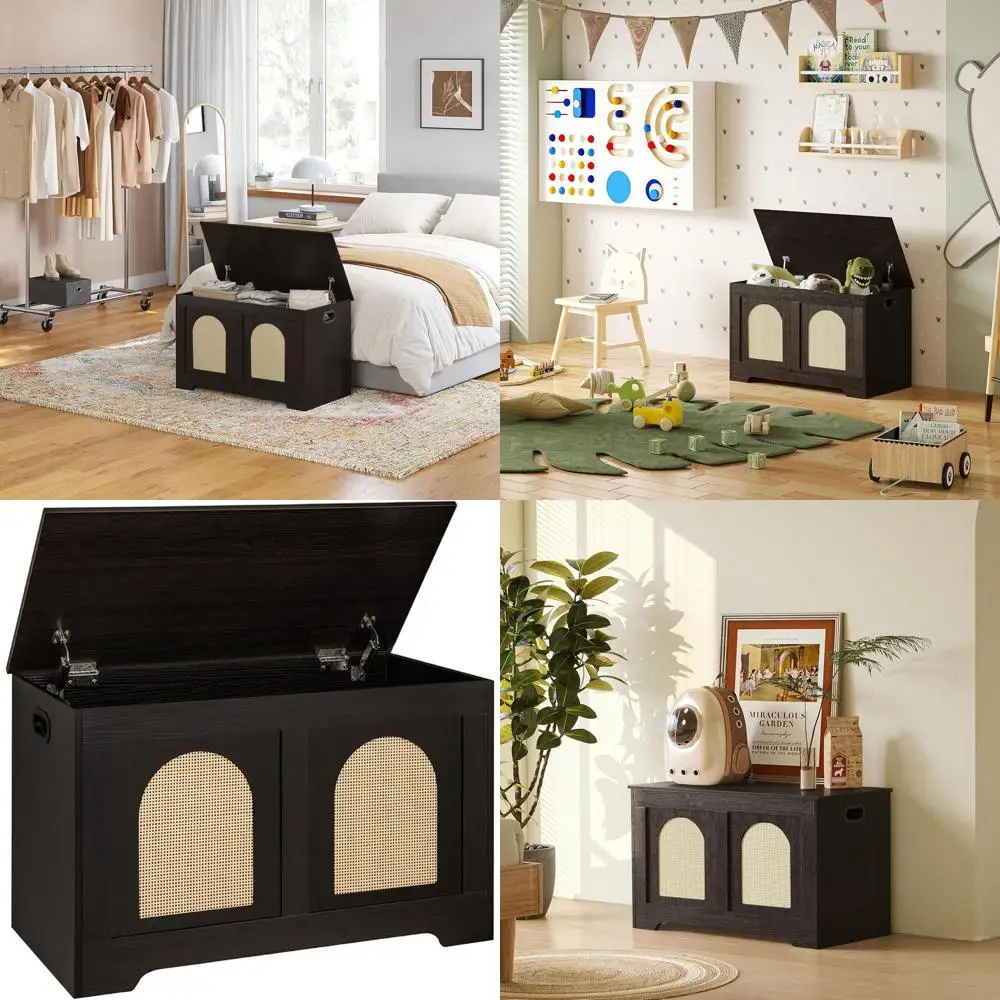 

Espresso & Natural 31.5 Rattan-Style Wooden Storage Chest with Flip-Top and 2 Safety Hinges for Living Room & Bedroom