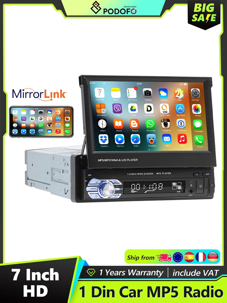Podofo 1DIN 7 inch autoradio met intrekbaar touchscreen, Bluetooth, multimediaspeler, FM, USB, AUX-audio - afbeelding 2