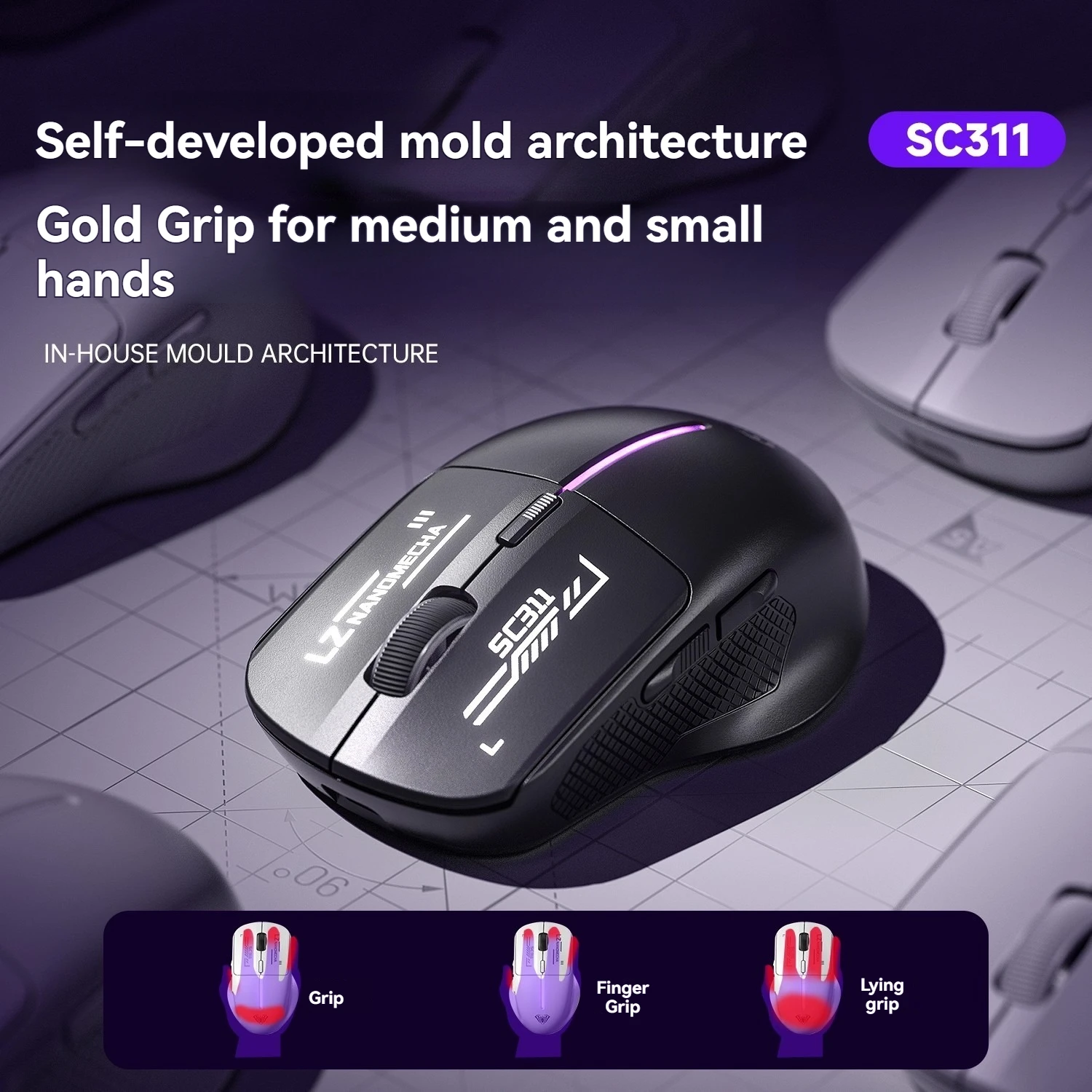 Aula SC311 Maus, kabellos/kabelgebunden, 3 Modi, 2,4 G, leichtes Design, 1 kHz, 10.000 DPI, RGB-Hintergrundbeleuchtung, Desktop-Gaming-/Büro-Maus