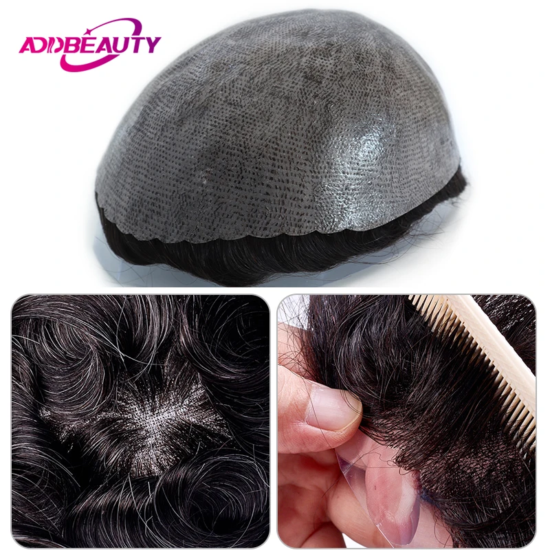 

New Men Toupee Human Hair Addbeauty 100% Human Remy Hairpiece Full PU 0.12cm Men Hair System Thin Skin Hair Wig Topper With Knot