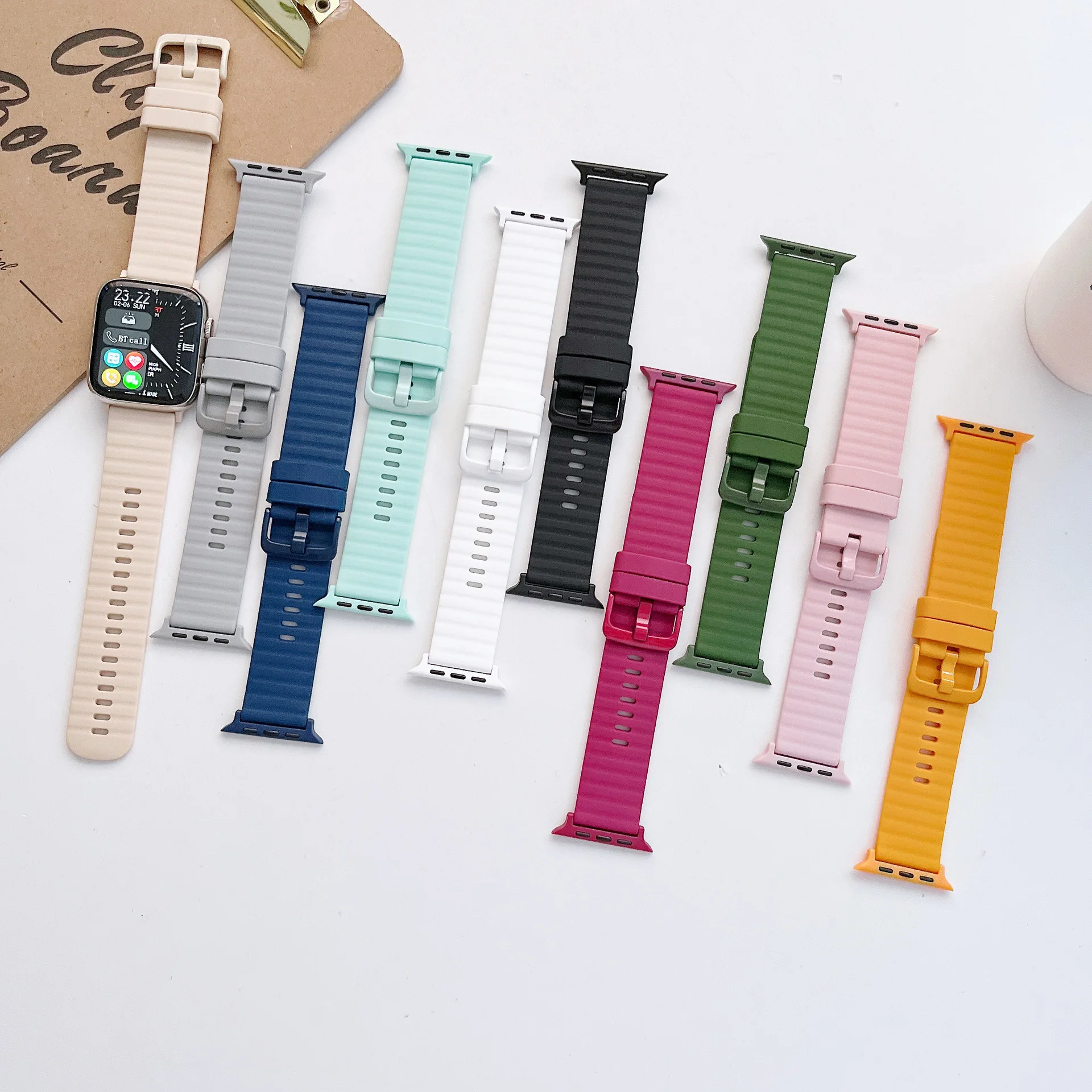 2024 wave Design Soft Rubber Band For Apple Watch Series 7 6 5 4 3 2 SE Sport Watchband Strap For iWatch 41mm 45 38 42 40 44 MM