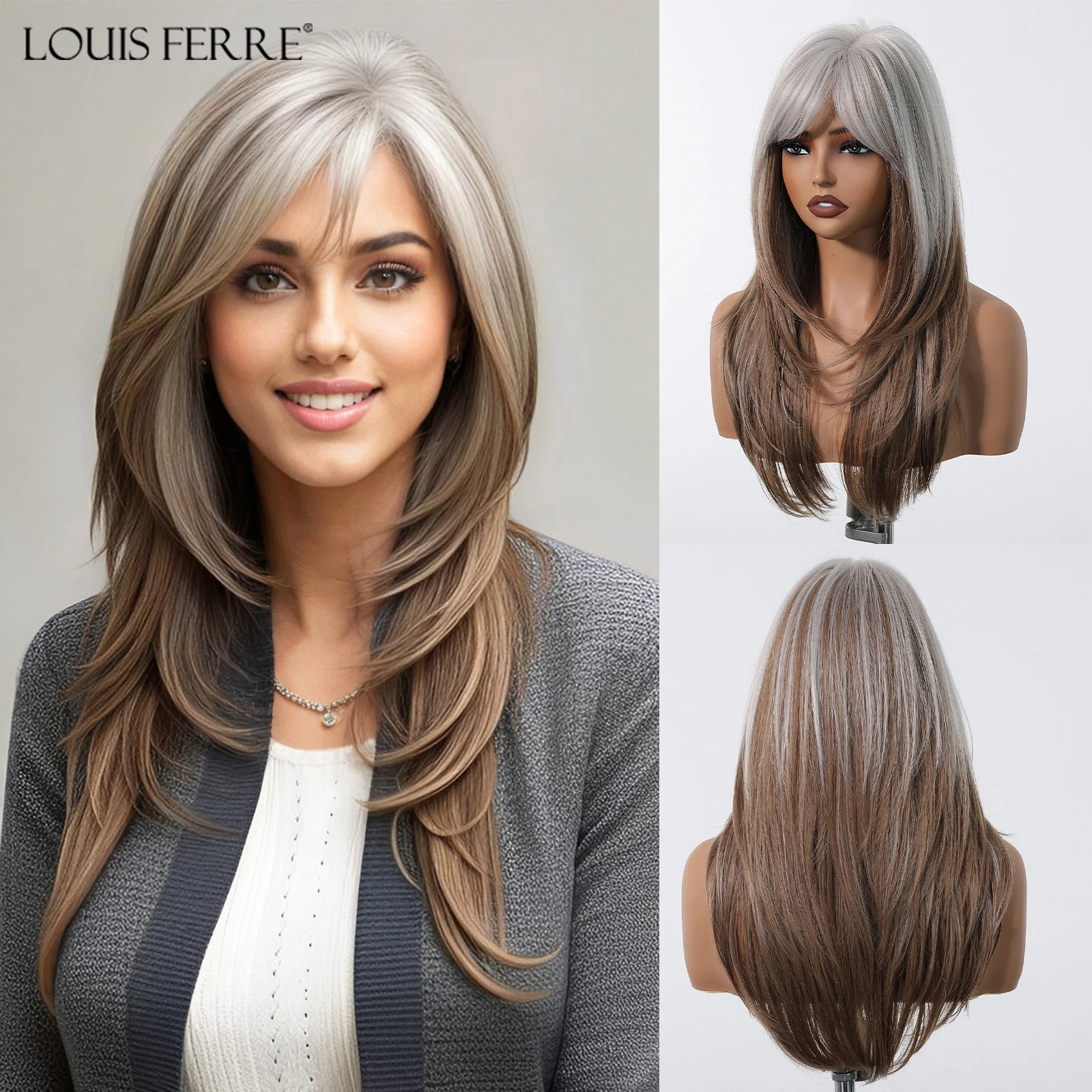 Grey White To Brown Ombre Synthetic Wigs Long Straight Layered Hair Wig For Women High Temperature Wig For Cosplay Daily Party