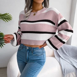 Women Casual Striped Crop Top Knitted Sweater 2026 Autumn Winter Contrast Color Round Neck Long Sleeve Pullover Women Clothes