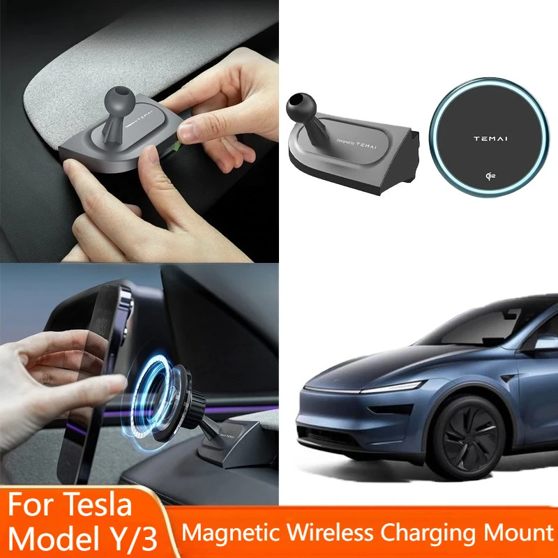 

Magnetic Wireless Charging Mount for Model Y Juniper 2025 Model 3 Highland 2024-2025 Left and Right Rudder Car Charging Adapter