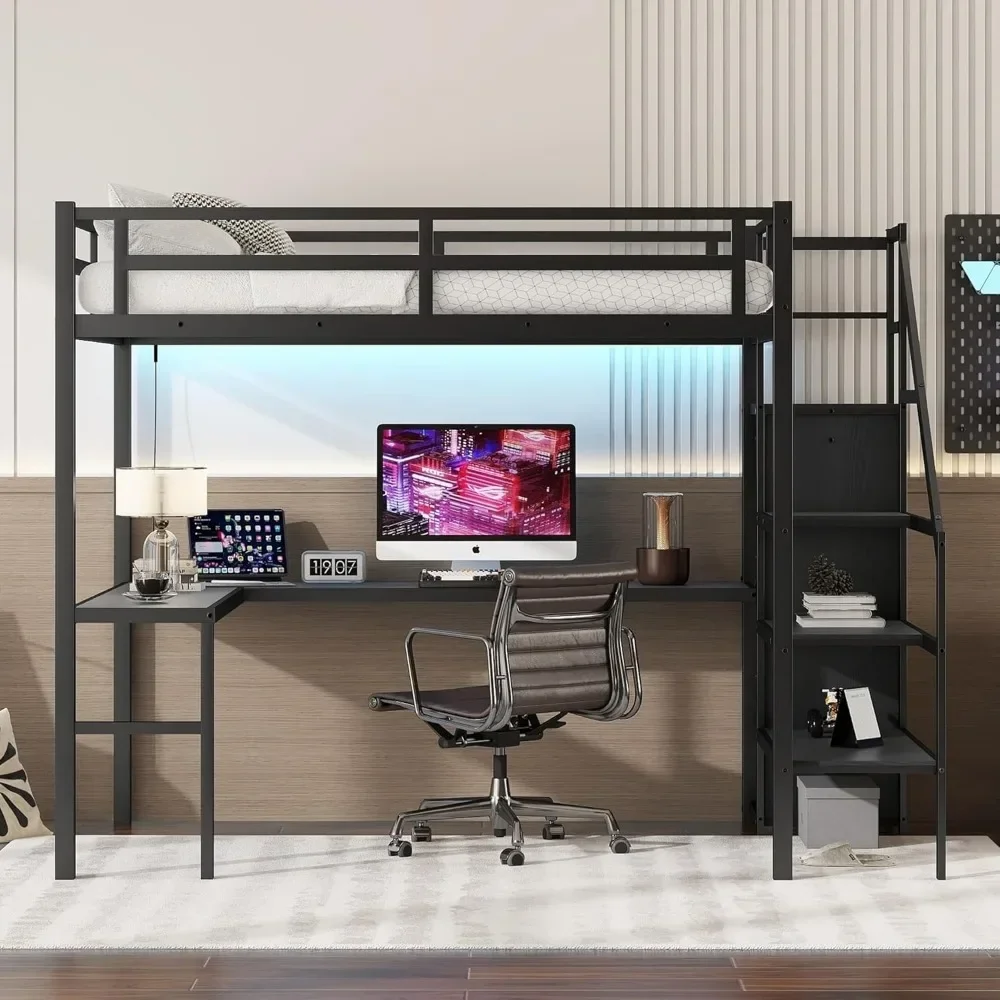 Full Size Loft Bed Met Trap En Bureau, Metalen Gaming Loft Bed Met Rgb Led Licht, Zware Stalen Loft Bed Frame Met Opslag