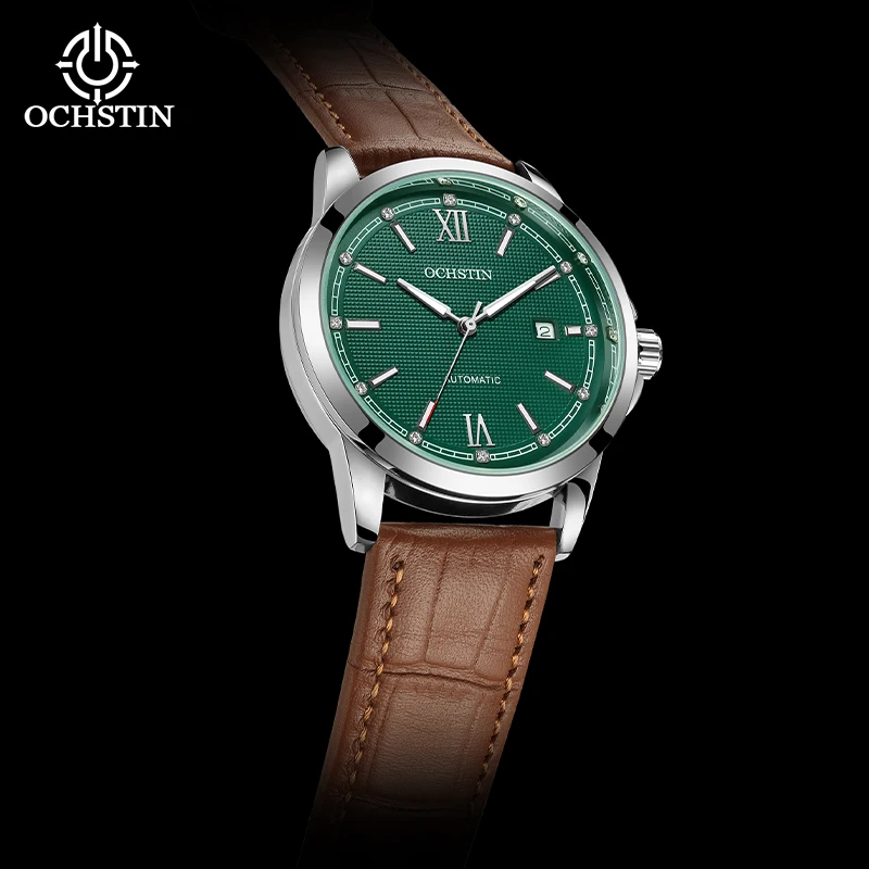 

Мужские автоматические часы OCHSTIN: винтажный механический механизм, отображение даты, ретро-кожаный ремешок, простые деловые наручные часы с защитой заводной головки