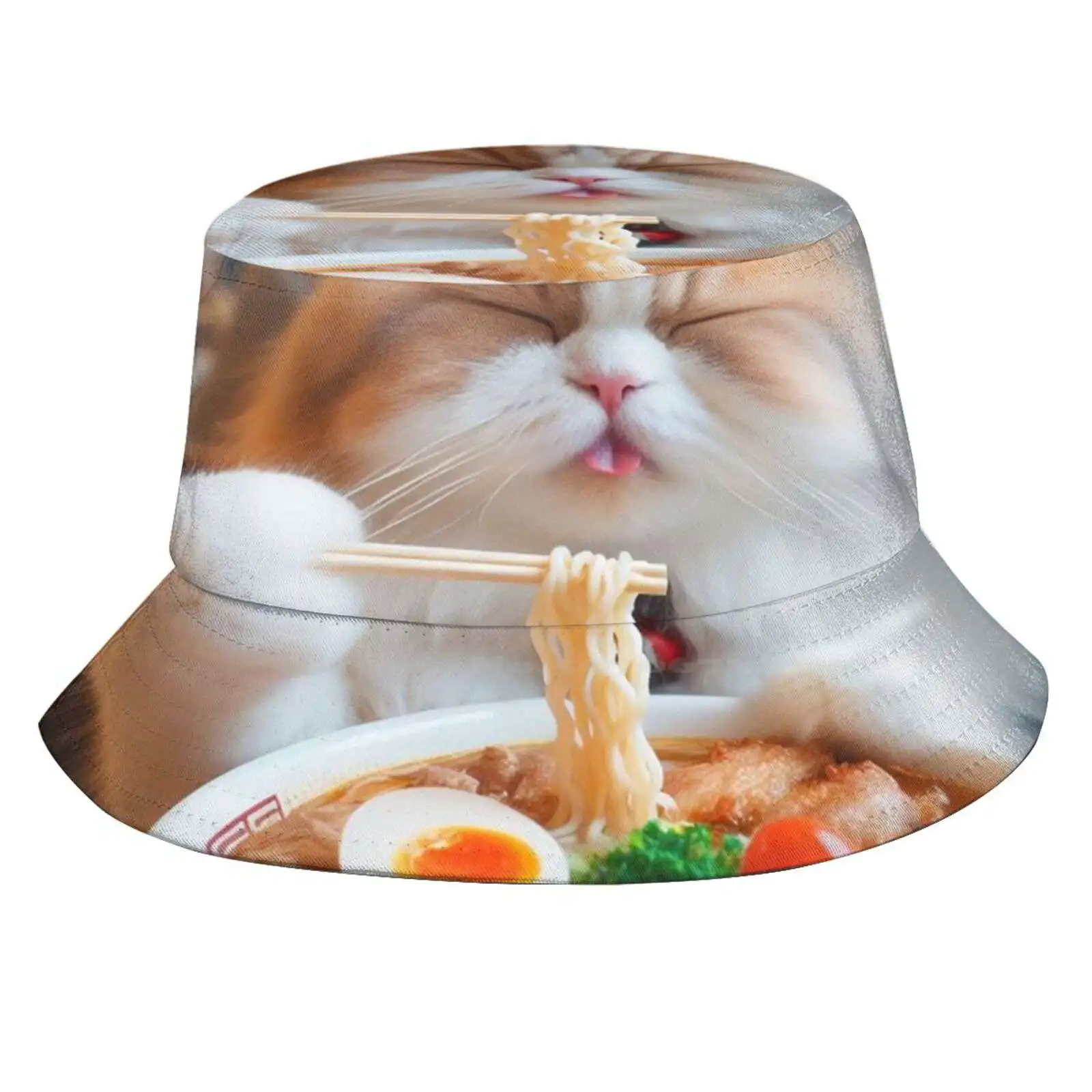 Cute Cat Eating Ramen Sun Cap Fisherman Hat Bucket Hats Anime Cute Food Japanese Kawaii Kitten Kitty Manga Ramen Cat Ramen