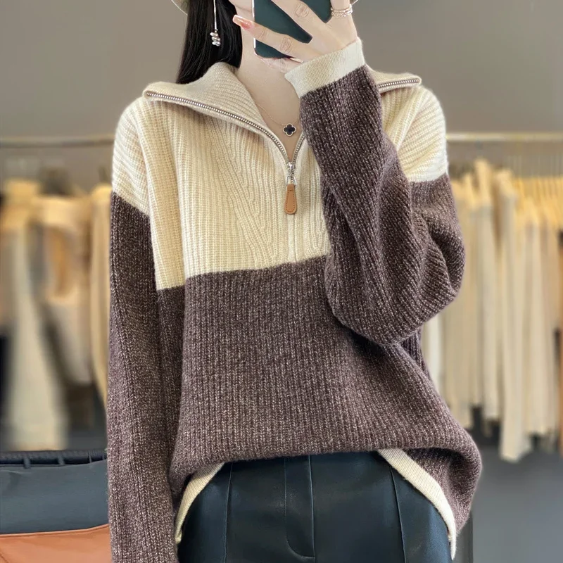 Autumn And Winter New 100% Pure Wool High Lapel Women's Half Zip Matching Color Pullover Loose Slimming Long-Sleeved Sweater