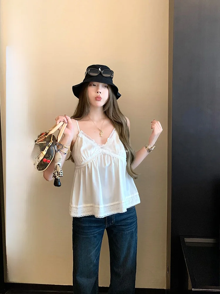 

Женский топ LUU Peach Happy White с V-образным вырезом, кружевными оборками, свободного кроя, без рукавов, для весны и осени, в повседневном стиле