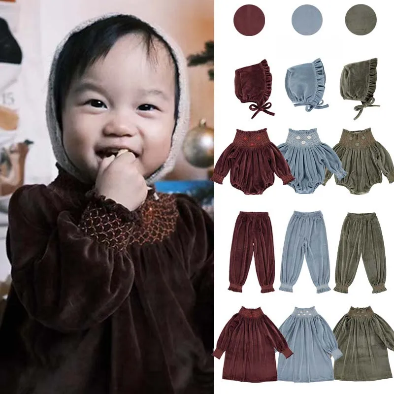 

In Stock 2025 Autumn and Winter BEO Girls Clothing Velvet Cotton Heavy Embroidery Dress Baby Crawler Pants Baby Boys Romper