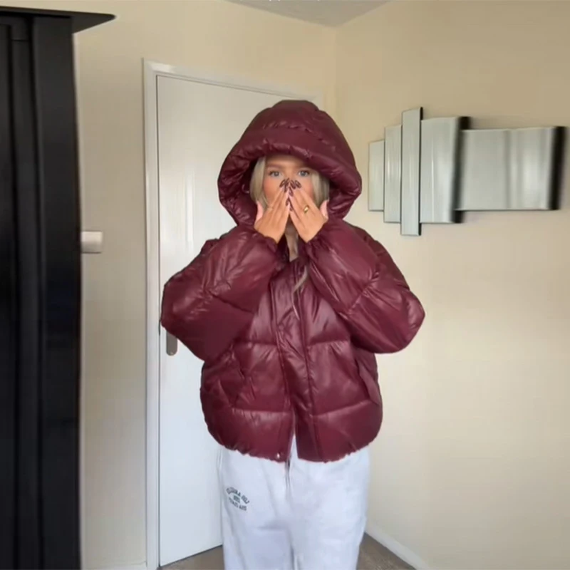 

Winter Women's Down Jacket Warm Hooded Long Sleeve Loose Coat High Collar Fluffy Pocket Quilted Outwear 2025 New Chic Lady Coats
