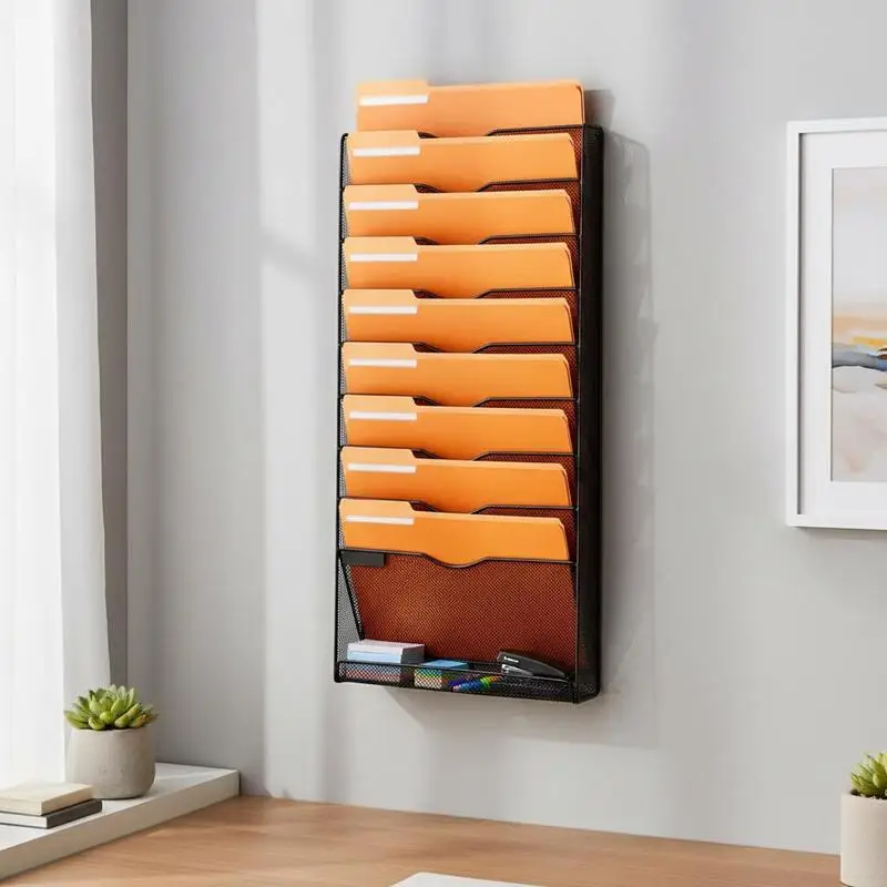 

File Wall Rack, One-Piece 10 Pockets Mesh Wall File Holder, Wall Mounted Magazine Mail Paper & Document Storage Folder, Metal