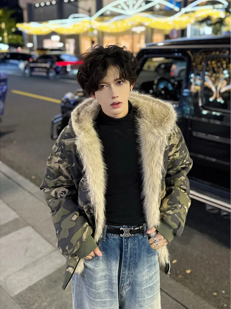 

Men's Winter Thiened Fce Lined Jaet with Fur Collar Workwear Sle Camouflage Cotton Coat Warm Casual Zipper Hooded