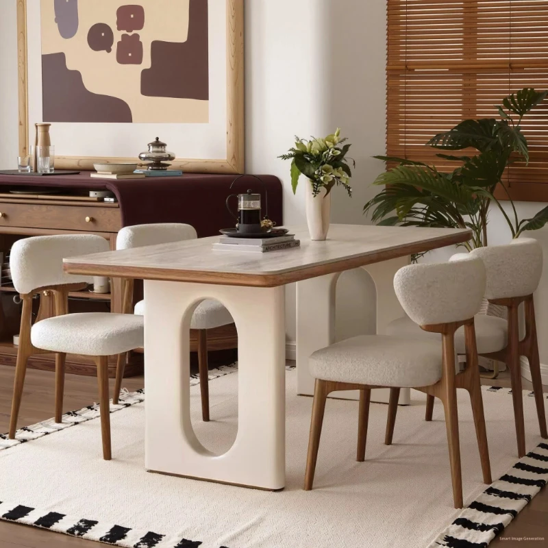 French rectangular dining table, slate pattern limestone table top, wabi-sabi style home dining table set