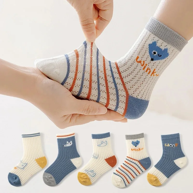 Calcetines finos de algodón para niño y niña, medias cortas de malla con diseño de animales, accesorios de ropa para recién nacidos, 5 pares