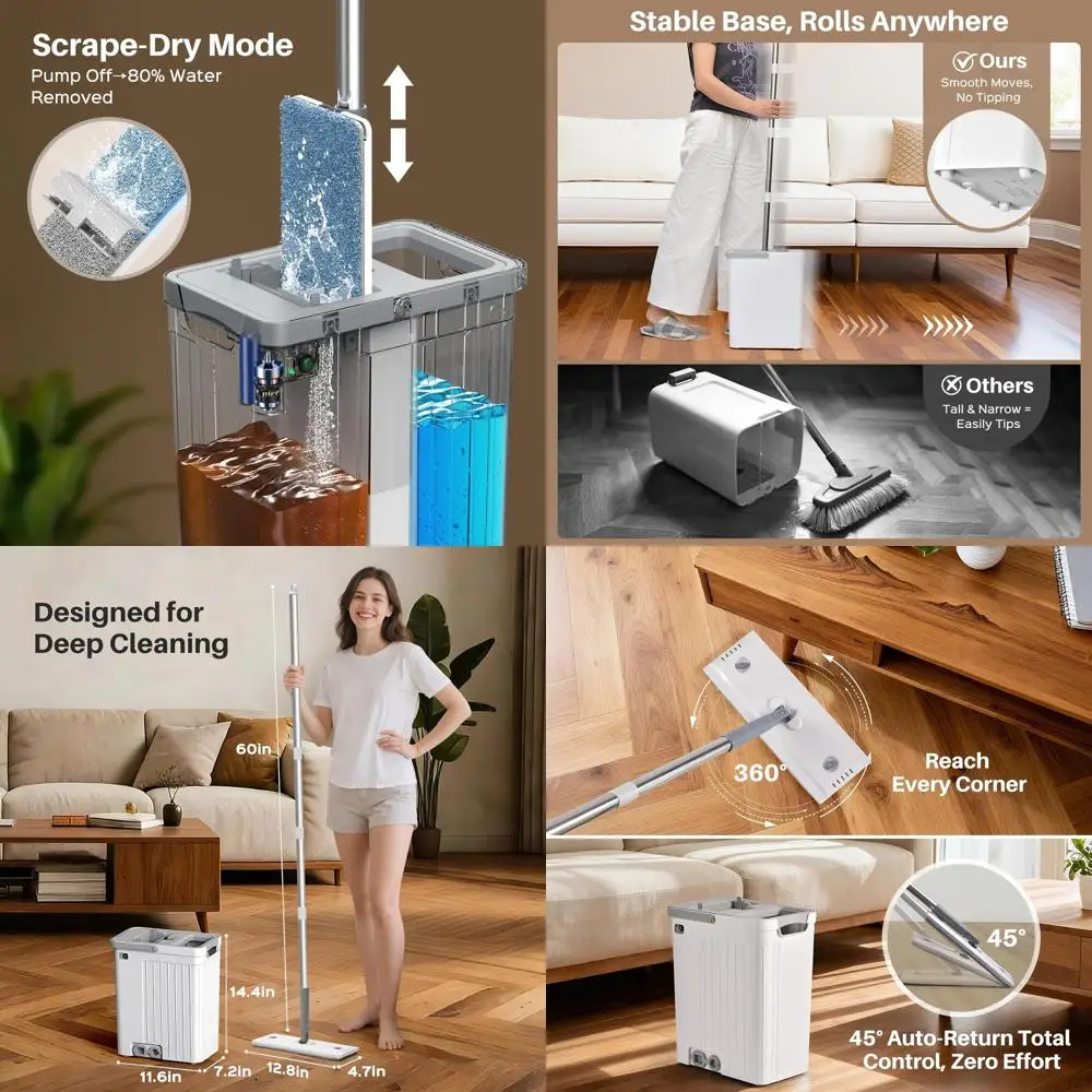 

Набор для уборки: швабра с 3 зонами очистки и ведро с автоматической подачей воды, многоразовые микрофибровые насадки, отжим, колеса для домашней уборки