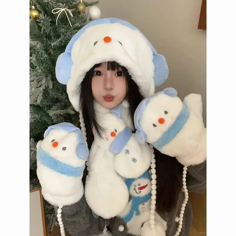 Cute Snowman Plush Hat Women's Autumn and Winter Thick Warm Ear Protection Hat Windproof Riding Gloves Scarf Three Piece Set