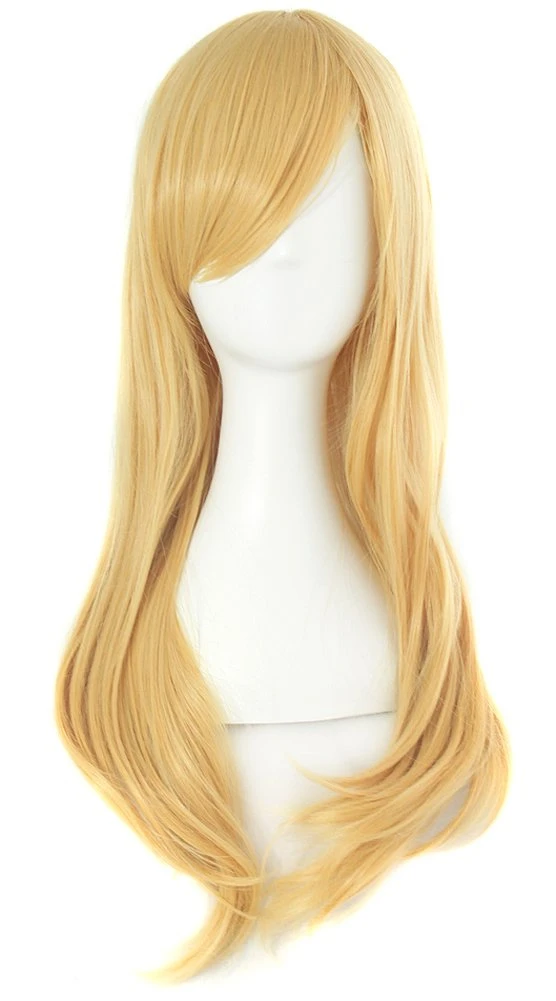 Long Anime Side Bangs Great Wavy Curly Cosplay Party Wig Orange Yellow Costume Synthetic Hair