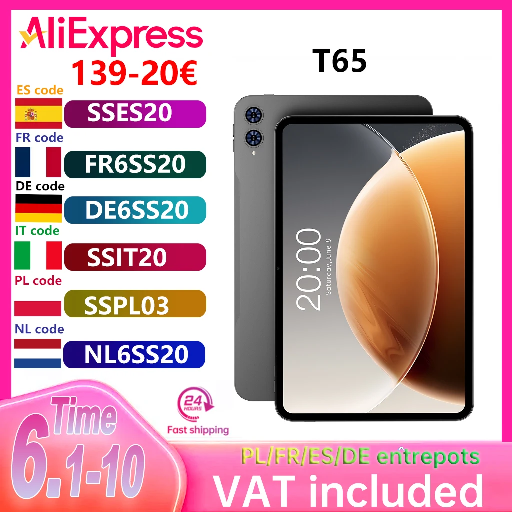Tablette Teclast T65 13,4 pouces Android 16 Écran 1920x1200 120Hz Processeur T7280 8 cœurs 18 Go de RAM (6 Go + 12 Go) 256 Go de ROM 4G LTE GPS 8000 mAh Type-C
