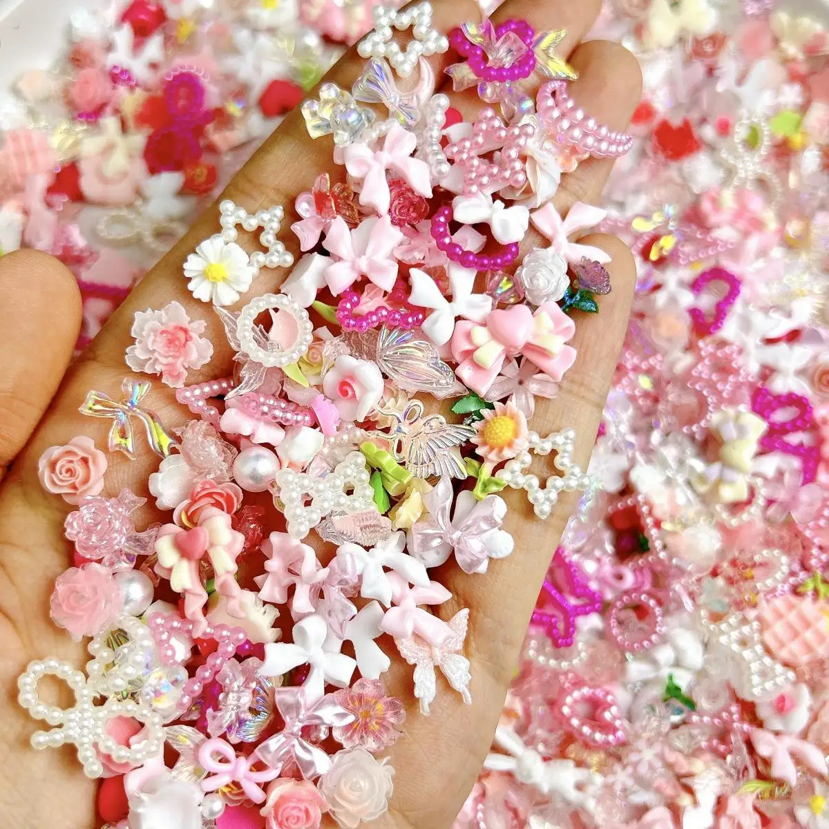 50PCS Random Mixed Bow Heart Flower Nail Charms Hollowed Star Simulated Cookies Fruits Hybrid Resin Nail Art Decorations for DIY