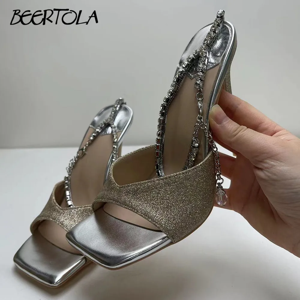 

Rhinestone Chain Ankle Sexy Sandals Square Toe Stiletto Fish Mouth Shoes Fashion Catwalk Large Size Elegant Women's Shoes