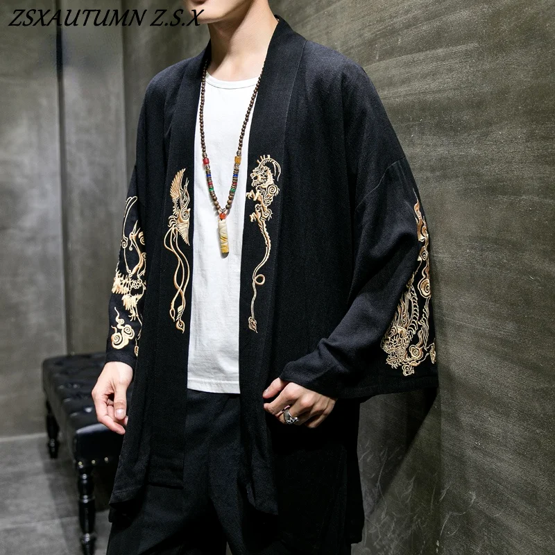 Chinese Style Hanfu Men\'s Embroidered Cardigan Japanese Kimono Male Samurai Clothing Mens Shirt Vintage Tang Suit Jacket Black