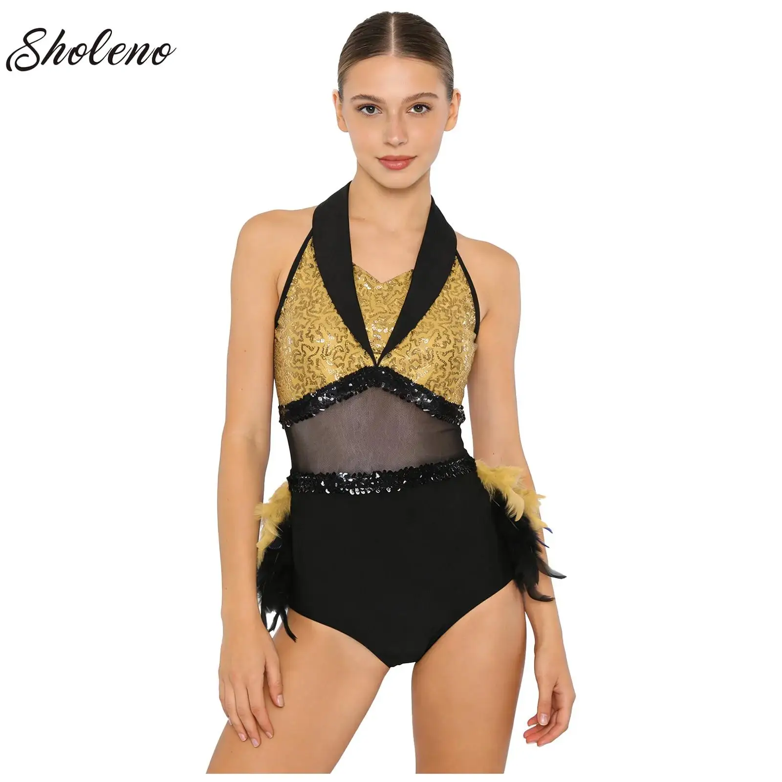 

Womens Gymnastics Feather Bodysuit Rumba Cha-cha Jazz Latin Dance Dress Performance Costume Mesh Sequins Ballet Tutu Dancewear