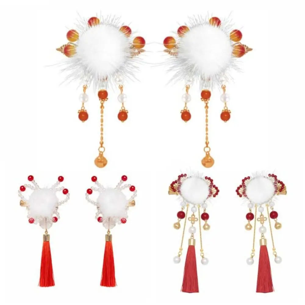 Horquilla roja para niños, borlas, bola de felpa, pinzas para el cabello Hanfu, accesorios para el cabello para niñas, sombreros antiguos, pinzas de pico de pato con perlas para niños