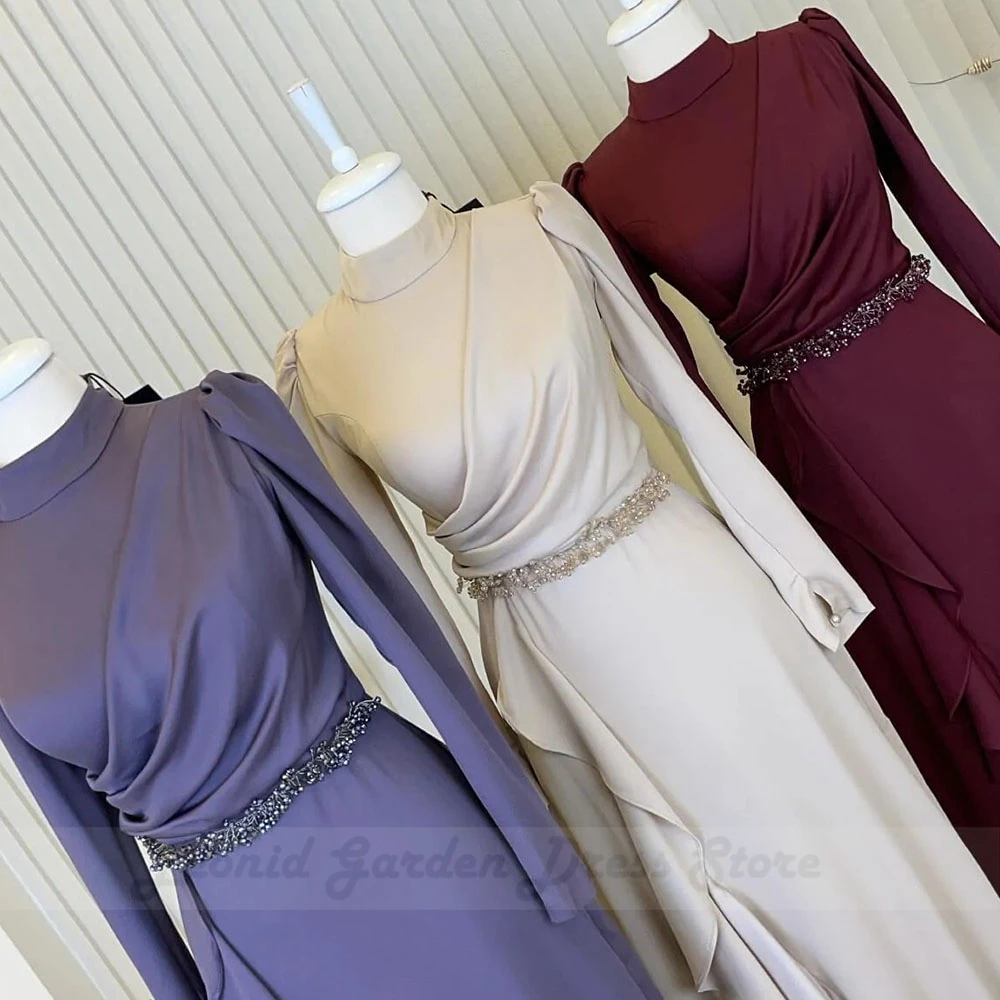 Abiti da sera classici viola per le donne 2022 lunghezza del pavimento caftano marocchino elegante manica intera collo alto perline Robe De Soiree