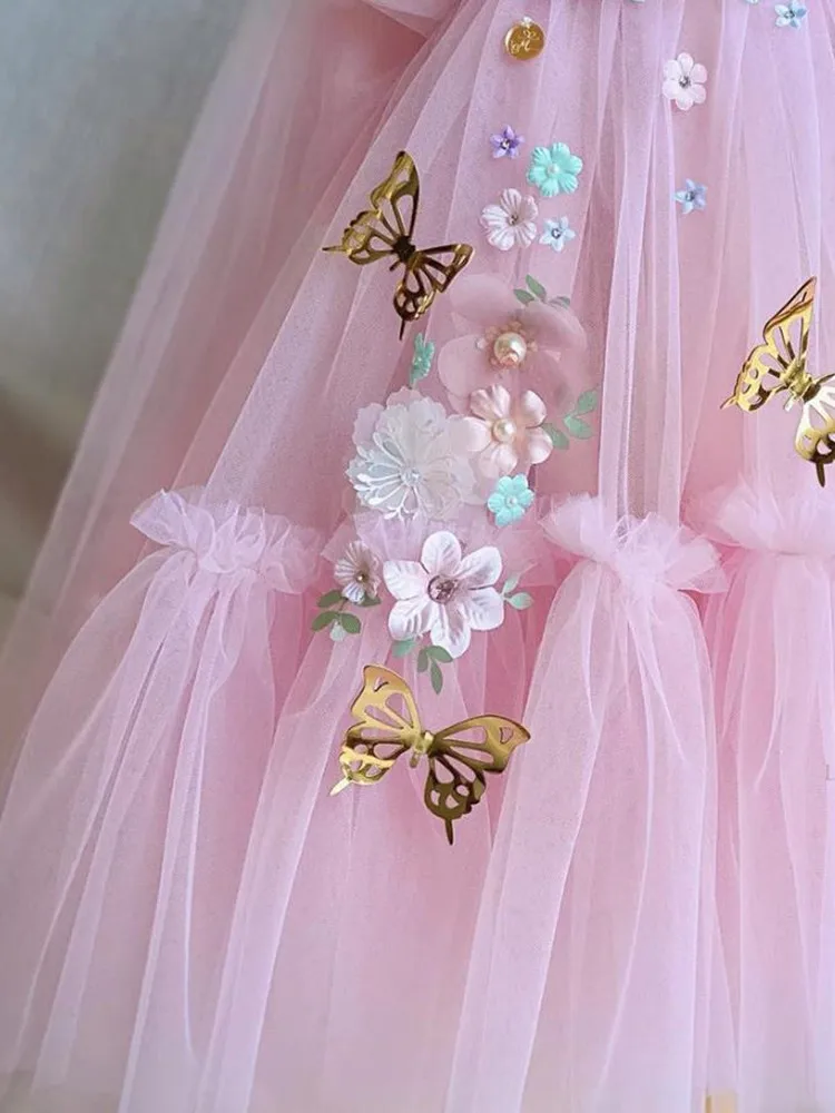 2024 New Children‘s Princess Evening Gown Sleeveless Pearls Appliques Design Wedding Birthday Baptism Party Girls Dresses A3649